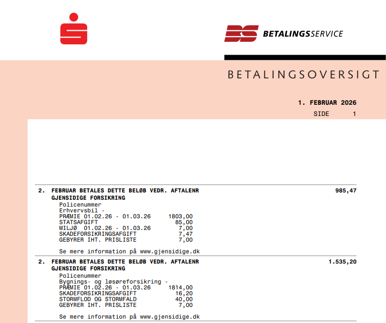 Eksempel på anonymiseret betalingsoversigt fra Betalingsservice